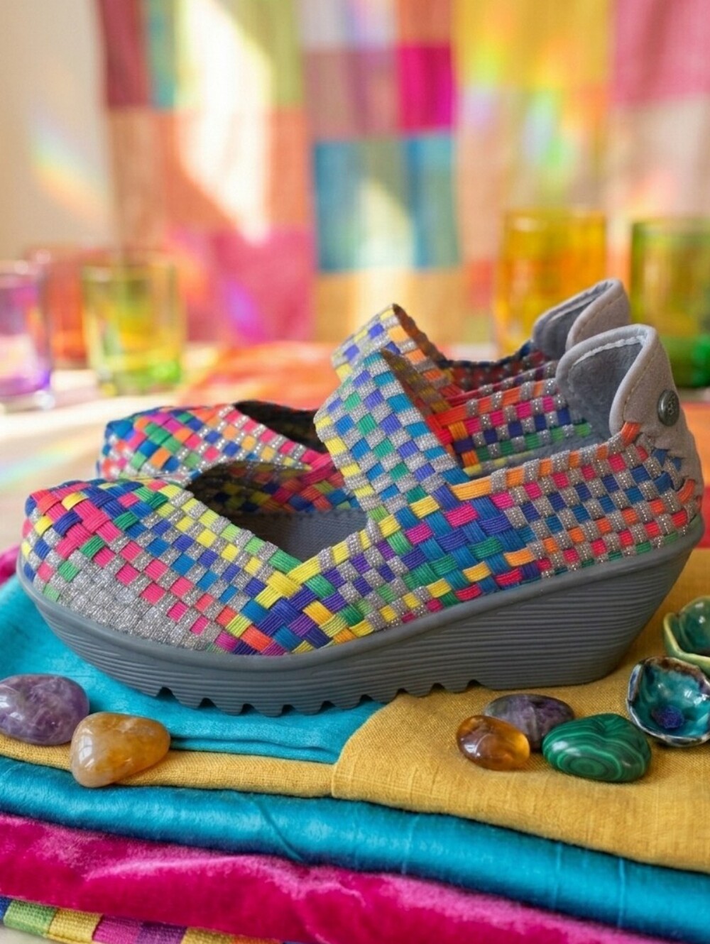 Bernie Mev Lulia Rainbow Woven Elastic Wedge Sandals - Sz 39  8.5  9 NIB